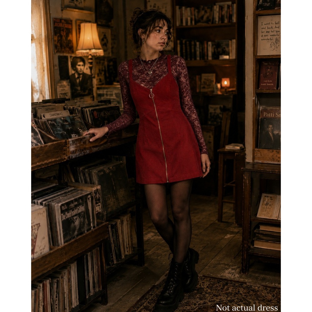 Womens Y2K Indie Grunge Red Corduroy Zip Front Jumper Mini‎ Dress Size 6 Retro